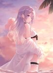  ahoge azuuru beach blue_eyes elaina_(majo_no_tabitabi) grey_hair highres long_hair looking_at_viewer majo_no_tabitabi outdoors sunset swimsuit witch 