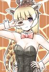  1girl ;) alternate_costume animal_ear_fluff animal_ears bare_shoulders black_leotard blonde_hair bow bowtie breasts brown_hair commentary_request detached_collar fishnet_pantyhose fishnets giraffe_ears giraffe_horns hand_on_hip highres horns kemono_friends leotard long_hair looking_at_viewer medium_breasts multicolored_hair murakami_kou_(raye) one_eye_closed outline pantyhose playboy_bunny ponytail red_bow red_bowtie reticulated_giraffe_(kemono_friends) smile solo two-tone_hair upper_body v v_over_eye very_long_hair white_outline wrist_cuffs 