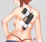  1girl ass beretta_92 blush breasts brown_hair closed_mouth contrapposto duct_tape ebifly from_behind grey_background gun hand_on_hip handgun head_out_of_frame medium_breasts original panties pink_panties profile short_hair simple_background smile solo standing thong topless underwear weapon 