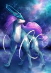  animal_focus blue_background blue_theme closed_mouth commentary fog full_body galaxy highres long_hair looking_at_viewer maki_(letusgomaki) night no_humans outdoors pokemon pokemon_(creature) purple_hair red_eyes ribbon shiny shiny_hair sky solo standing star_(sky) starry_sky suicune very_long_hair white_ribbon 