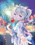  1girl :d ahoge amimi animal_ears antenna_hair bangs blunt_bangs blurry blurry_background bow candy candy_apple commission dot_nose drill_hair fireworks floral_print food hair_bow hair_ornament heart heart-shaped_pupils highres holding holding_candy holding_food japanese_clothes kimono lantern lantern_festival light_particles looking_at_viewer night obi original outdoors outstretched_hand paper_lantern parted_lips purple_eyes sash short_hair skeb_commission sky sky_lantern smile star_(symbol) star_hair_ornament string_lights symbol-shaped_pupils twin_drills white_hair white_kimono yukata 