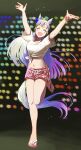  1girl ^_^ ^o^ absurdres animal_ears arms_up bangs blush breasts closed_eyes gold_ship_(umamusume) hat highres horse_ears horse_tail leg_up long_hair midriff navel open_mouth purple_hair rosette_(roze-ko) sandals shorts solo sweat tail umamusume 