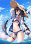  1girl absurdres arm_up ass_visible_through_thighs ball beachball bikini black_hair blue_bikini blue_sky breasts cleavage cloud day flower genshin_impact green_eyes hat hat_flower hat_ornament highres long_hair looking_at_viewer mona_(genshin_impact) navel outdoors revision sky slime_nyang small_breasts solo stomach sun_hat swimsuit thigh_strap thighs twintails underboob wading wet 