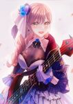  1girl :d bang_dream! bangs bass_guitar belt black_belt black_ribbon blackfangs blue_flower blue_headwear blue_jacket blue_rose blurry blush braid braided_ponytail breasts brown_hair cleavage collarbone commentary cowboy_shot depth_of_field dress falling_petals flower frilled_dress frilled_shirt_collar frilled_sleeves frills gloves gradient gradient_background grey_background hair_between_eyes hair_over_shoulder halter_dress halterneck hand_up hat hat_flower hat_ribbon highres holding holding_instrument imai_lisa instrument jacket layered_dress light_particles long_hair long_sleeves looking_away low_ponytail medium_breasts mini_hat neck_ribbon official_alternate_costume official_alternate_hairstyle open_clothes open_jacket open_mouth petals purple_flower purple_rose ribbon rose see-through sidelocks single_braid smile solo standing striped striped_dress tilted_headwear white_dress white_gloves white_ribbon yellow_eyes 