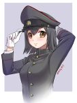  1girl adjusting_clothes adjusting_headwear akitsu_maru_(kancolle) black_eyes black_hair black_headwear black_jacket border ebifly gloves grey_background hands_up hat jacket kantai_collection long_sleeves looking_at_viewer medium_hair military_hat pale_skin parted_lips peaked_cap simple_background solo twitter_username upper_body white_border white_gloves 