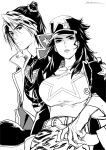  1boy 1girl belt breasts closed_mouth coat double_bun genderswap genderswap_(ftm) genderswap_(mtf) greyscale hair_bun hat highres jojo_no_kimyou_na_bouken kotatsu_(g-rough) kujo_jolyne kujo_jotaro large_breasts long_hair looking_at_viewer monochrome mother_and_son shirt signature stone_ocean 