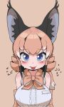  1girl animal_costume animal_ear_fluff animal_ears black_hair blue_eyes blush bow bowtie breasts caracal_(kemono_friends) caracal_ears elbow_gloves gloves highres kemono_friends kemono_friends_v_project large_breasts long_hair looking_at_viewer multicolored_hair onaji_(sokudo_seigen) orange_hair shirt sleeveless sleeveless_shirt solo sweat tongue virtual_youtuber 