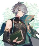  1boy 32_oogawa ahoge al-haitham_(genshin_impact) bangs bare_shoulders bodysuit book branch bridal_gauntlets bright_pupils cape closed_mouth commentary_request expressionless gem genshin_impact gold_trim gradient_hair green_cape green_eyes green_hair grey_hair hair_over_one_eye headphones highres holding holding_book looking_at_viewer male_focus multicolored_hair one_eye_covered plant short_hair shoulder_cape sidelocks sleeveless sleeveless_bodysuit solo split_mouth swept_bangs upper_body white_background white_pupils 