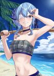  1girl absurdres beach bikini blindfold blindfold_lift blue_eyes blue_hair blue_nails blue_ribbon blue_sky bokken cloud day grey_bikini grin hair_ribbon highres holding holding_sword holding_weapon hololive hoshimachi_suisei lifted_by_self navel outdoors over_shoulder plaid plaid_bikini ribbon side_ponytail sidelocks signature sky smile solo stomach swimsuit sword upper_body virtual_youtuber wavy_hair weapon weapon_over_shoulder wooden_sword zeiss 