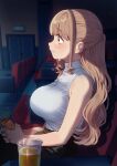  1girl alcohol beer blush breasts brown_eyes brown_hair chair closed_mouth commentary_request crying cup drinking_glass highres holding kodama&#039;s_elder_sister_(sakura_yuki) large_breasts long_hair looking_away original sakura_yuki_(clochette) sitting sleeveless sleeveless_sweater solo sweater theater turtleneck turtleneck_sweater 