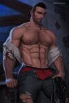  1boy abs arm_hair bara black_hair black_jacket black_pants blood blood_on_clothes chest_hair closed_mouth david_king_(dead_by_daylight) dead_by_daylight eyebrow_cut facial_hair highres holding holding_clothes holding_jacket jacket jacket_removed large_pectorals male_focus male_underwear male_underwear_peek manly marcus_(rnarccus) muscular muscular_male navel nipples open_clothes open_pants open_shirt pants pectorals red_male_underwear scar scar_on_face scar_on_nose shirt short_hair smile solo twitter_username undercut underwear white_shirt 