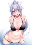  1girl absurdres arms_behind_back bikini bow breasts cleavage grey_hair hair_bow hair_ornament hairclip highres higuchi_kaede large_breasts long_hair lowleg lowleg_bikini mole mole_under_eye nijisanji open_mouth partially_submerged ponytail purple_eyes solo swimsuit very_long_hair virtual_youtuber yuki_maccha_(yukimattya10) 