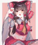  1girl animal_ears arm_up bangs bare_shoulders blush border bow breasts brown_hair brown_necktie cat_ears collared_shirt commentary_request detached_sleeves eyes_visible_through_hair fingernails frills grey_border hair_ornament hair_tubes hakurei_reimu hand_up hime_cut long_fingernails long_hair long_sleeves looking_at_viewer medium_breasts nadhia_14 nail_polish navel necktie open_mouth outside_border pink_background pink_bow pink_nails pink_shirt pink_skirt red_eyes shirt simple_background sitting skirt solo teeth tongue touhou wide_sleeves 