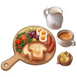  abaoyaonuli butter cup egg_(food) food food_focus fruit grapes green_bean hardboiled_egg highres jug original potato sausage simple_background still_life teacup toast tomato tray vegetable white_background 