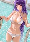  1girl absurdres bare_arms bare_shoulders bikini blush braid braided_ponytail breasts city cleavage commentary_request fankey flower genshin_impact hair_flower hair_ornament highres large_breasts lips long_hair looking_at_viewer makeup mole mole_under_eye navel open_mouth photo-referenced pool purple_eyes purple_hair raiden_shogun solo swimming swimsuit thighs water wet wet_clothes wet_hair wet_swimsuit white_bikini 