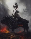  bird crow death_dealer_(painting) elden_ring fine_art_parody fire from_side halberd helmet highres holding holding_polearm holding_weapon horse horseback_riding looking_at_viewer looking_to_the_side night&#039;s_cavalry parody plume polearm red_eyes riding shimhaq smoke weapon 