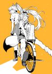  2girls ahoge animal_ear_fluff animal_ears bag bicycle bow braid closed_eyes floating_hair fox_ears fox_girl fox_tail greyscale_with_colored_background ground_vehicle hair_bow hair_ornament hololive kneehighs long_hair looking_back miniskirt multiple_girls muraji omaru_polka open_mouth ponytail shiranui_flare shirt shoes short_sleeves simple_background sitting sitting_backwards skirt socks tail very_long_hair virtual_youtuber x_hair_ornament yellow_background 