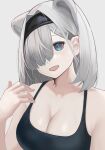  1girl absurdres animal_ears arknights aurora_(arknights) bare_shoulders bear_ears bear_girl black_hairband black_tank_top blue_eyes breasts cleavage extra_ears grey_background grey_hair hair_over_one_eye hairband hand_up highres large_breasts looking_at_viewer one_eye_covered open_mouth samidareame simple_background solo tank_top 