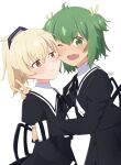  2girls ;d absurdres ahoge andou_tazusa arm_around_shoulder artist_name assault_lily bangs black_ribbon black_skirt blonde_hair blush buttons cheek-to-cheek closed_mouth commentary_request cropped_jacket fang from_side green_eyes green_hair hair_between_eyes hair_ribbon hand_on_another&#039;s_arm hand_on_another&#039;s_shoulder heads_together high-waist_skirt highres jewelry juliet_sleeves kona_kuzu long_sleeves looking_at_viewer looking_to_the_side multiple_girls neck_ribbon one_eye_closed open_mouth ponytail puffy_sleeves purple_ribbon raised_eyebrows red_eyes ribbon ring school_uniform shirt short_hair signature simple_background skirt sleeves_past_wrists smile standing two-tone_ribbon upper_body v white_background white_shirt yellow_ribbon yoshimura_thi_mai yuri yurigaoka_girls_academy_school_uniform 