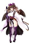  1girl absurdres bangs bow breasts brown_eyes brown_hair detached_sleeves feathered_wings geta hair_bow hat highres himekaidou_hatate kourindou_tengu_costume loincloth long_hair medium_breasts pom_pom_(clothes) puffy_short_sleeves puffy_sleeves purple_bow purple_footwear sash short_sleeves sidelocks simple_background solo tengu-geta thighhighs tk31 tokin_hat touhou white_background wings 