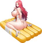  adjusting_clothes adjusting_swimsuit areola_slip ass backless_outfit backless_swimsuit breasts d-log high_heels highres huge_breasts inflatable_raft last_origin long_hair looking_at_viewer looking_to_the_side official_art one-piece_swimsuit raft red_eyes red_hair sitting strato_angel_(last_origin) swimsuit wariza wet 