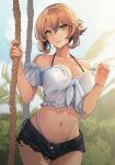  1girl bangs bare_shoulders bikini bikini_under_clothes black_shorts blurry blurry_background breasts brown_hair bush cloud cloudy_sky collarbone commentary cowboy_shot cutoffs day frilled_shirt frills green_eyes hair_between_eyes hands_up highleg highleg_bikini highres holding kantai_collection kasumi_(skchkko) large_breasts lips mutsu_(kancolle) navel outdoors palm_leaf parted_lips rope shirt short_hair short_shorts shorts sky smile solo strap_gap swimsuit thighs white_bikini white_shirt 