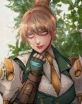  1girl apex_legends bangs brown_hair brown_necktie clenched_hand collared_shirt fingerless_gloves gloves green_gloves green_jacket grey_eyes hair_bun highres jacket looking_to_the_side necktie official_alternate_costume parted_lips portrait scar scar_across_eye shirt solo tama_(ponz3o1) twitter_username veteran_voyager_wraith white_shirt wraith_(apex_legends) 