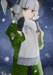  1girl :o absurdres bangs black_gloves coat earmuffs gloves green_coat green_eyes headband highres katana konpaku_youmu long_sleeves looking_at_viewer night night_sky outdoors scarf sheath sheathed short_hair sky solo sword touhou weapon white_hair white_scarf yokuaka 