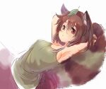  1girl animal_ears armpits arms_behind_head bangs breasts brown_eyes brown_hair brown_skirt cleavage closed_mouth futatsuiwa_mamizou glasses leaf leaf_on_head looking_at_viewer raccoon_ears raccoon_girl raccoon_tail sen1986 shirt short_hair simple_background sketch skirt sleeveless sleeveless_shirt solo tail touhou white_background 