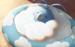  bird blurry closed_eyes closed_mouth commentary_request cushion naoki_eguchi no_humans pokemon pokemon_(creature) sleeping solo swablu wooden_floor 