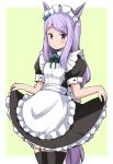  1girl aikawa_ryou alternate_costume animal_ears black_thighhighs bow commentary cowboy_shot dot_mouth enmaided frills green_bow hair_bow horse_ears horse_girl horse_tail light_blush long_hair looking_at_viewer maid maid_headdress mejiro_mcqueen_(umamusume) puffy_short_sleeves puffy_sleeves purple_eyes purple_hair short_sleeves simple_background skirt_hold solo tail thighhighs umamusume yellow_background 