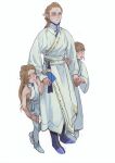  1boy 2others blonde_hair blue_eyes blue_footwear boots child closed_mouth diadem elf highres holding_hands long_hair long_sleeves mossacannibalis multiple_others original pointy_ears robe sash simple_background standing sweat tassel white_background 