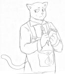  animal_humanoid anthro apron clothing dynogreeno felid felid_humanoid feline feline_humanoid humanoid male mammal mammal_humanoid notebook pencil_(object) small_eyebrows solo traditional_media_(artwork) waiter whiskers 