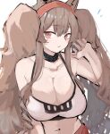  1girl angelina_(arknights) animal_ears arknights asususususu bangs bare_arms bare_shoulders blush breasts brown_hair cleavage closed_mouth collar collarbone fox_ears hairband hand_up highres huge_breasts infection_monitor_(arknights) long_hair looking_at_viewer navel official_alternate_costume red_eyes red_hairband simple_background solo sports_bra twintails upper_body very_long_hair white_background 