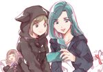  2girls :d animal_hood aqua_eyes aqua_hair bangs black_hoodie braid brown_eyes cellphone character_doll closed_mouth commentary_request etra-chan_wa_mita! etra_(etra-chan_wa_mita!) highres holding holding_phone hood hoodie isa_(chiyo-s) light_brown_hair long_hair long_sleeves multiple_girls open_clothes open_hoodie open_mouth phone shirt short_hair single_braid smartphone smile tsutsuji_(etra-chan_wa_mita!) white_shirt yuzuriha_(etra-chan_wa_mita!) 