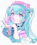  1girl blue_eyes blue_hair blush braid chewing_gum chon_(chon33v) ear_piercing half_updo highres long_hair looking_at_viewer multicolored_eyes multicolored_hair original piercing pink_eyes pink_hair solo twintails white_background 