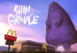  black_eyes blue_sky building bush character_name colored_sclera commentary day doug_williams english_commentary english_text fence giant giant_monster godzilla_(series) grimace_(mcdonald&#039;s) highres logo_parody mcdonald&#039;s outdoors purple_sclera shin_godzilla sign sky standing walking 