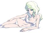  1girl bikini blonde_hair blue_eyes blush breasts cleavage closed_mouth collarbone diana_cavendish little_witch_academia long_hair lying medium_breasts navel on_side satochi shiny shiny_skin simple_background sketch smile solo swimsuit white_background white_bikini 