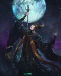  1girl blue_robe closed_eyes elden_ring eyeshadow full_moon hand_up hat highres holding holding_staff makeup moon open_mouth rennala_queen_of_the_full_moon robe shimhaq solo staff standing wizard_hat 