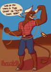  absurd_res anthro bell belt bottomwear bovid bovine cattle clothing denim denim_clothing flannel_shirt hi_res jeans lasso male mammal muscular muscular_anthro muscular_male nokamiwd pants simple_background smile solo standing texas_(tfh) them&#039;s_fightin&#039;_herds 