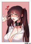  1girl absurdres artist_name bangs black_collar breasts brown_hair cleavage collar collarbone commission dogs_(dlrkdejr26) earrings girls&#039;_frontline hair_ribbon heart highres jewelry korean_commentary large_breasts long_hair looking_away m14_(girls&#039;_frontline) open_mouth ribbon saliva shirt simple_background solo tears teeth tongue tongue_out twintails upper_body upper_teeth white_shirt yellow_eyes 