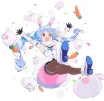  1girl animal animal_ear_fluff animal_ears armpits arms_up bangs bare_shoulders black_gloves black_leotard blue_hair bow braid breasts brown_eyes brown_pantyhose bunny-shaped_pupils carrot carrot_hair_ornament colored_shoe_soles confetti detached_sleeves don-chan_(usada_pekora) dress falling food-themed_hair_ornament full_body fur-trimmed_dress fur-trimmed_gloves fur_trim gloves hair_bow hair_ornament highres hololive leotard long_hair machico multicolored_hair pantyhose puffy_short_sleeves puffy_sleeves rabbit rabbit_ears shoe_soles shoes short_eyebrows short_sleeves simple_background small_breasts solo strapless strapless_dress strapless_leotard symbol-shaped_pupils thick_eyebrows twin_braids twintails two-tone_hair usada_pekora very_long_hair virtual_youtuber white_background white_bow white_dress white_footwear white_hair white_sleeves 