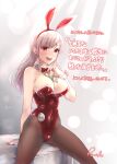  1girl animal_ears between_breasts bow bowtie breasts brown_pantyhose commentary_request covered_navel cowboy_shot detached_collar grey_hair kazabuki_poni large_breasts leotard long_hair looking_at_viewer money name_tag original pantyhose playboy_bunny rabbit_ears rabbit_tail red_bow red_bowtie red_eyes red_leotard sitting solo strapless strapless_leotard tail wrist_cuffs 
