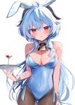  1girl absurdres ahoge alcohol animal_ears arms_at_sides bell blue_hair blue_leotard blush breasts cleavage closed_mouth covered_navel cowboy_shot fake_animal_ears ganyu_(genshin_impact) genshin_impact hair_between_eyes highres horns ineka_ka leotard long_hair looking_at_viewer medium_breasts neck_bell pantyhose playboy_bunny rabbit_ears red_eyes simple_background solo straight-on tassel thigh_gap tray wavy_mouth white_background wine wrist_cuffs 