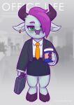  absurd_res anthro beverage bottomwear bovid bovine burnout cattle clothing coffee coffee_cup container cup ear_piercing ear_ring girly green_eyes hi_res hooves male mammal necktie office office_clothing office_lady office_outfit piercing ring_piercing sad skirt solo tass_(character) tass_the_bovine 