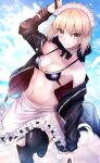  1girl apron artoria_pendragon_(alter_swimsuit_rider)_(fate) artoria_pendragon_(fate) bangs bikini black_bikini black_jacket black_ribbon black_skirt black_thighhighs blonde_hair blush braid breasts bridal_garter choker cleavage fate/grand_order fate_(series) french_braid frilled_choker frills hair_bun hair_ribbon highres hood hooded_jacket ilsa34660285 jacket long_hair long_sleeves looking_at_viewer maid_bikini maid_headdress medium_breasts mop navel open_clothes open_jacket ribbon sidelocks skirt solo swimsuit thighhighs thighs waist_apron white_apron yellow_eyes 