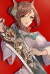  1girl alexandria_(xenoblade) braid breasts brown_hair circlet edamameoka eyeliner forehead_protector french_braid green_eyes headpiece highres holding holding_sword holding_weapon large_breasts makeup ornament sword weapon xenoblade_chronicles_(series) xenoblade_chronicles_3 