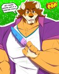  2021 anthro big_muscles brown_eyes brown_facial_hair brown_hair clothing dialogue english_text felid food fur green_background hair heartssoul hi_res holding_food holding_object holding_popsicle huge_muscles hyper hyper_muscles lion looking_at_viewer male mammal max_(paddle_pop) muscular muscular_anthro muscular_male open_mouth paddle_pop pantherine pecs pink_tongue popsicle shirt simple_background solo speech_bubble talking_to_viewer tan_body tan_fur teeth text the_after_school_adventures_of_paddle_pop tongue topwear white_clothing white_shirt white_topwear white_undershirt 