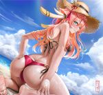  1girl absurdres ass bangs bare_arms bare_shoulders barefoot beach bikini blue_sky blush breasts cloud day dutch_angle elocca from_behind genshin_impact green_eyes hair_between_eyes hat highres kneeling long_hair looking_at_viewer looking_back medium_breasts ocean partially_visible_vulva pink_hair sky smile solo sun_hat swimsuit thighs water wet yanfei_(genshin_impact) 