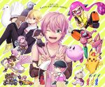  absurdres animal_crossing bird black_headwear butterfly_net character_name character_request double_v dry_bowser gun hair_ornament hairclip hand_net happy_birthday hat hatoful_kareshi highres holding holding_gun holding_weapon inkling_girl iwamine_shuu kid_icarus kid_icarus_uprising kirby kirby_(series) mario_kart_wii metroid mii_(nintendo) nerune_(nerune_25) olimar on_shoulder one_eye_closed pikachu pikmin_(creature) pink_gold_peach pit_(kid_icarus) purple_eyes sakazaki_yuuya samus_aran shoes sneakers socks striped striped_socks super_smash_bros. v villager_(animal_crossing) virtual_youtuber weapon yellow_background 